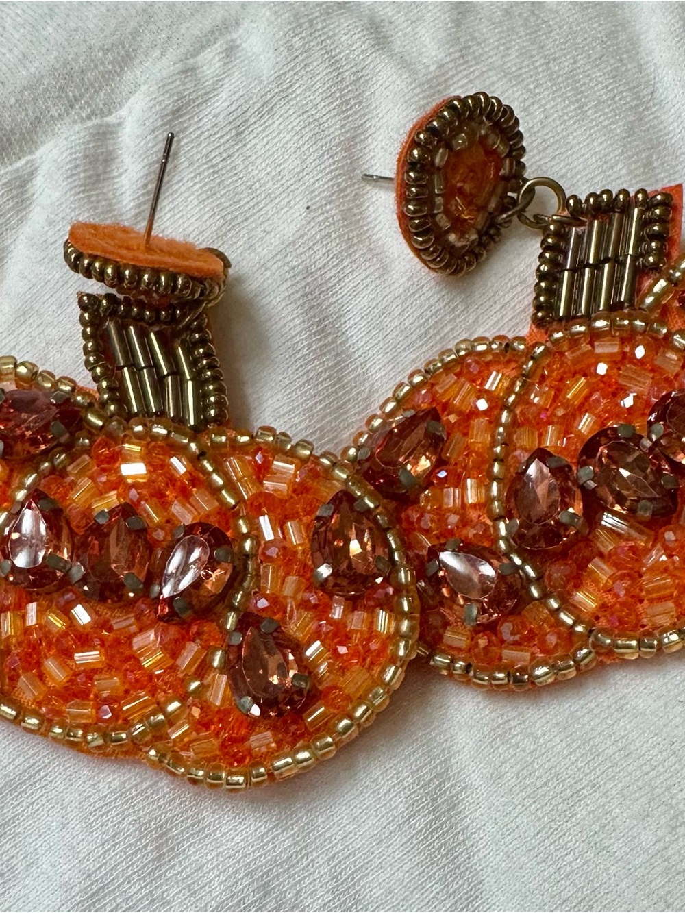 Orange Beaded Pumpkin Statement Earrings Fall Thanksgiving - Picture 2 of 4